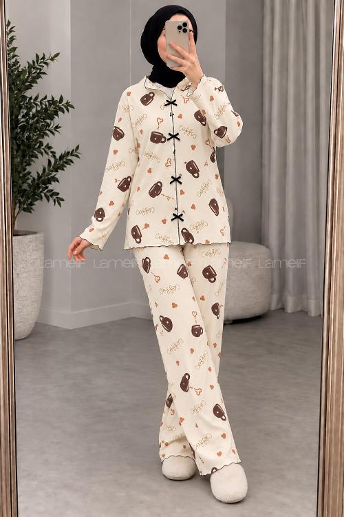 Lamelif Kahve Desenli Fiyonk Detaylı Pijama Takımı