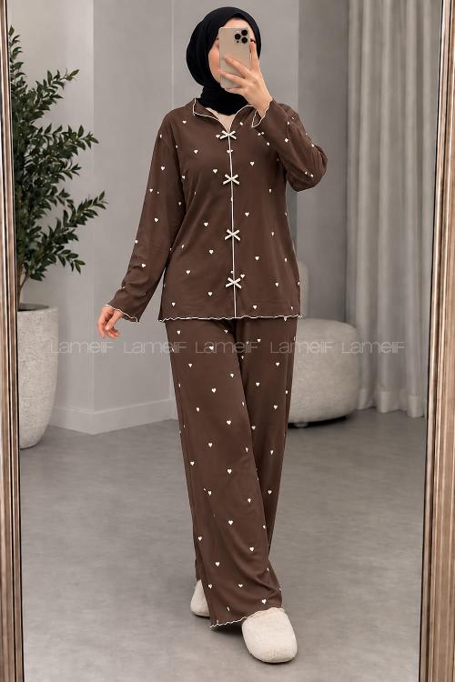 Lamelif Kahverengi Kalp Desenli Fiyonk Detaylı Pijama Takımı
