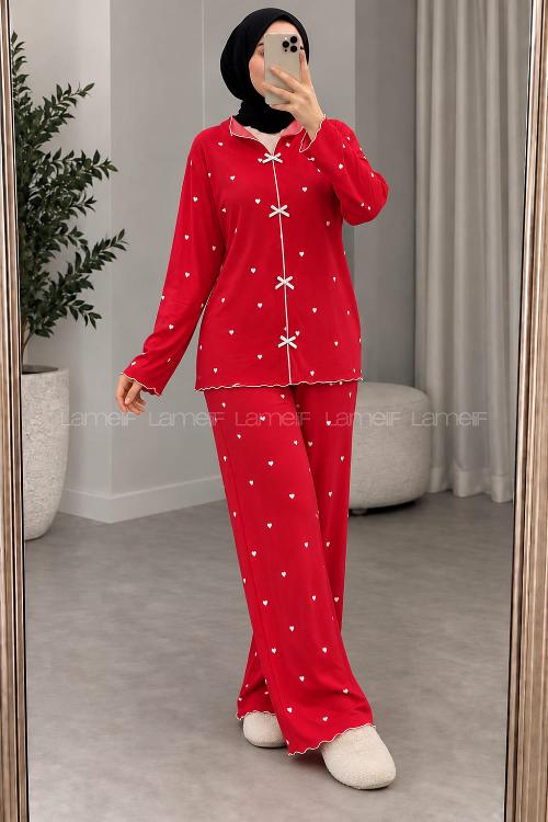 Lamelif Kırmızı Kalp Desenli Fiyonk Detaylı Pijama Takımı