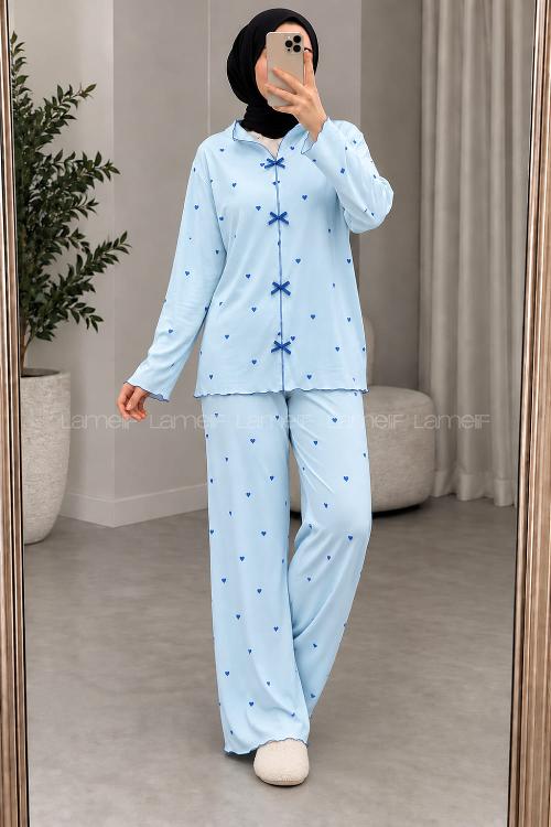 Lamelif Mavi Kalp Desenli Fiyonk Detaylı Pijama Takımı