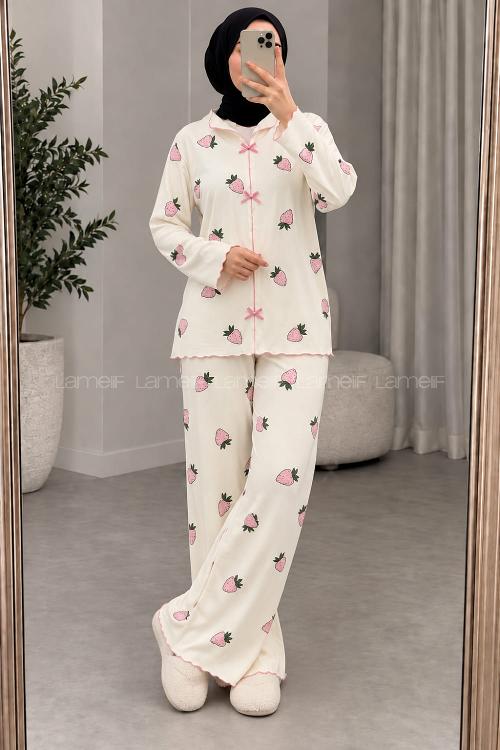 Lamelif Pembe Çilek Desenli Fiyonk Detaylı Pijama Takımı