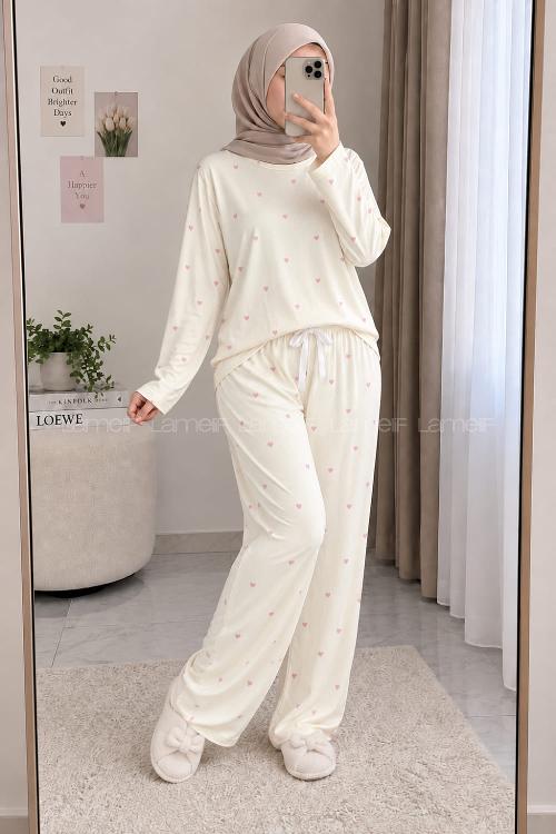 Lamelif Pembe Kalp Detaylı Pijama Takımı