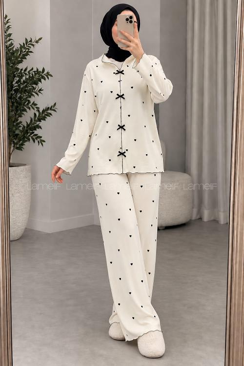 Lamelif Siyah Kalp Desenli Fiyonk Detaylı Pijama Takımı