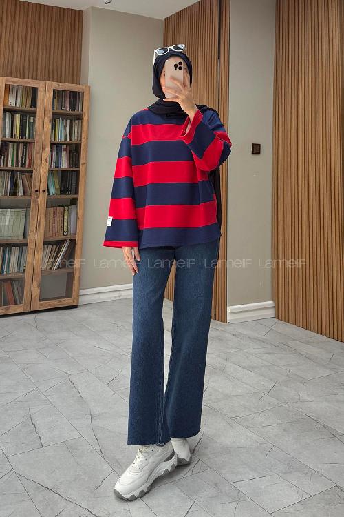 Lamelif Kalın Çizgili Kol Armalı Sweat Bordo-Lacivert