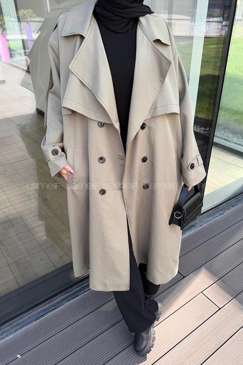 Lamelif Pelerin Detaylı Oversize Trenç Haki