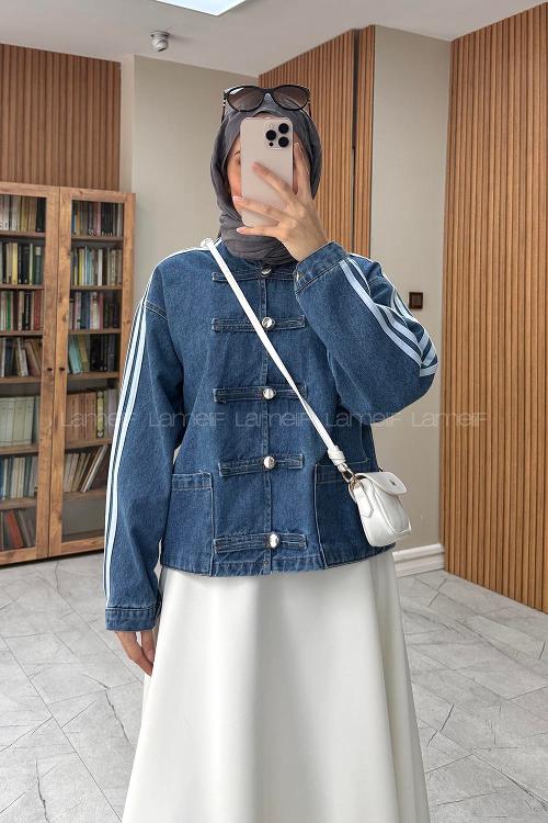 Lamelif Şerit Detaylı Birit Düğmeli Denim Ceket Kot Mavisi