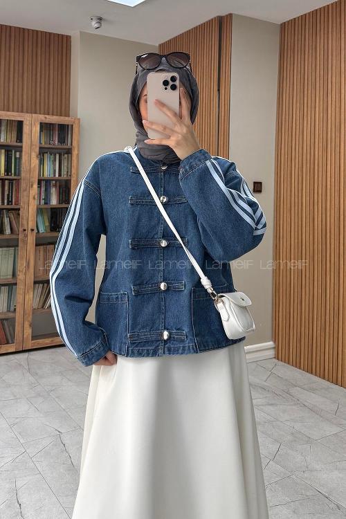Lamelif Şerit Detaylı Birit Düğmeli Denim Ceket Kot Mavisi
