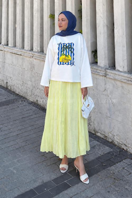 Lamelif Basic Oversize Limon ve Fiyonk Desenli Bluz