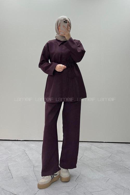 Lamelif Birit Detaylı Pantolonlu Keten Takım Mürdüm