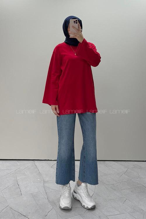 Lamelif Bisiklet Yaka Basic Bluz Kırmızı