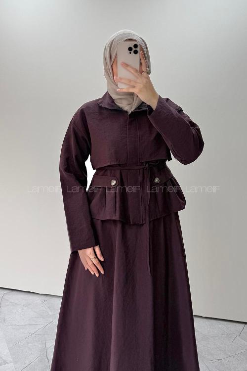 Lamelif Bağlama Detaylı Ceket-Etek Takım Mürdüm
