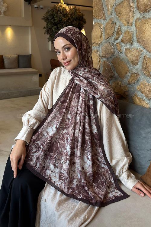 Lamelif Rose Garden Desen Bambu Şal Acı Kahve