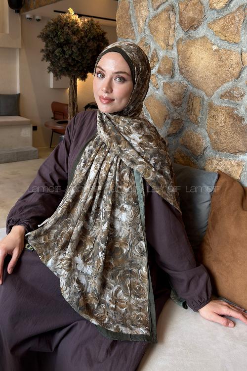 Lamelif Rose Garden Desen Bambu Şal Asker Yeşili
