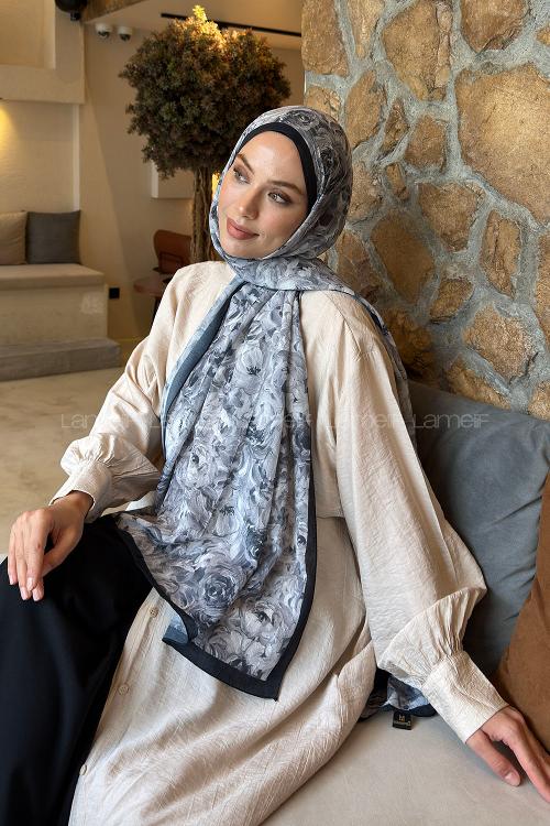 Lamelif Rose Garden Desen Bambu Şal Beyaz Siyah