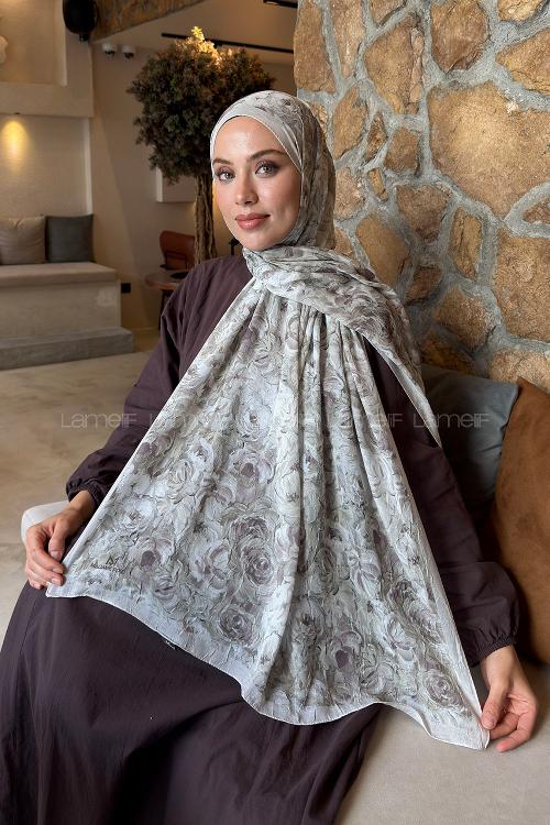 Lamelif Rose Garden Desen Bambu Şal Ekru