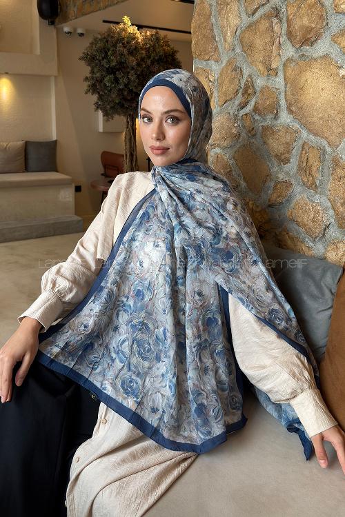 Lamelif Rose Garden Desen Bambu Şal İndigo
