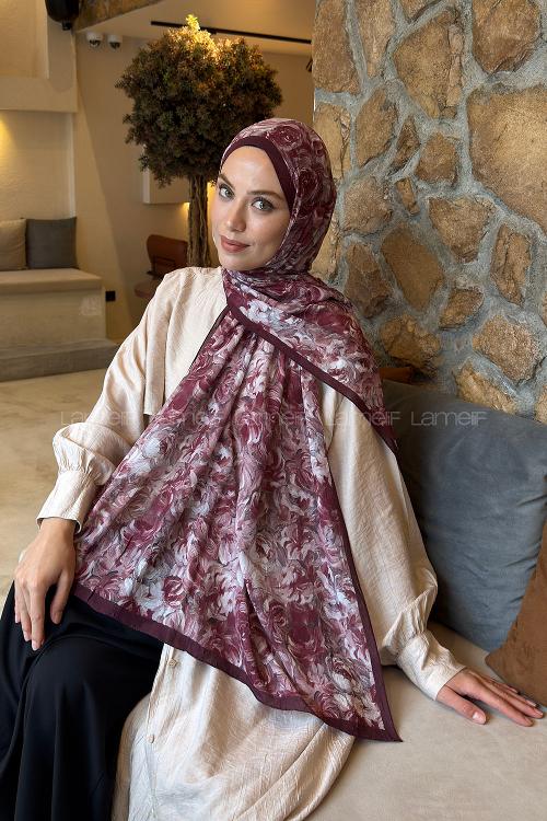 Lamelif Rose Garden Desen Bambu Şal Koyu Bordo