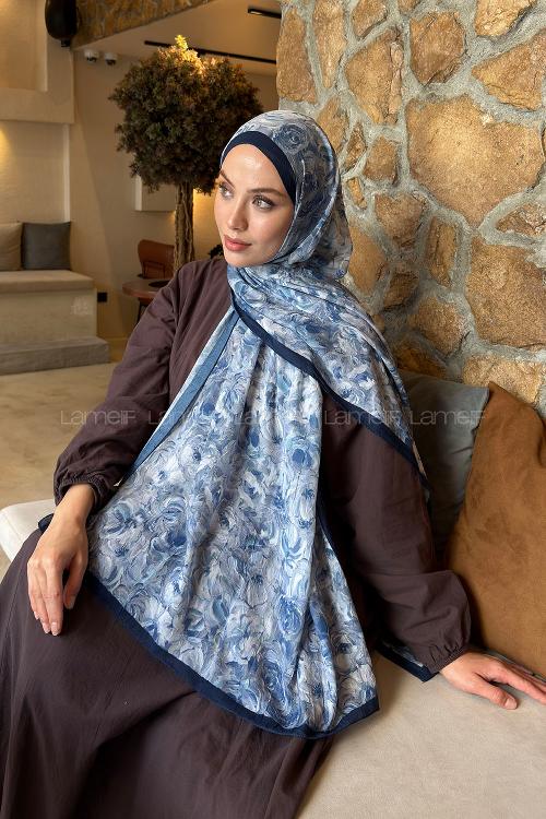 Lamelif Rose Garden Desen Bambu Şal Lacivert