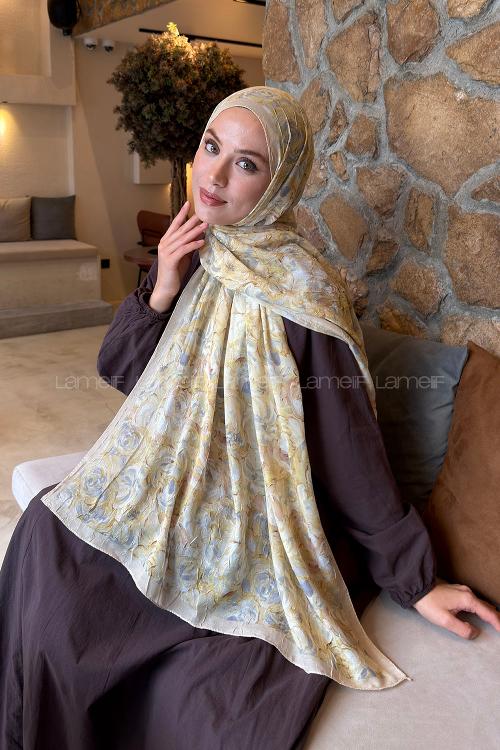 Lamelif Rose Garden Desen Bambu Şal Sarı