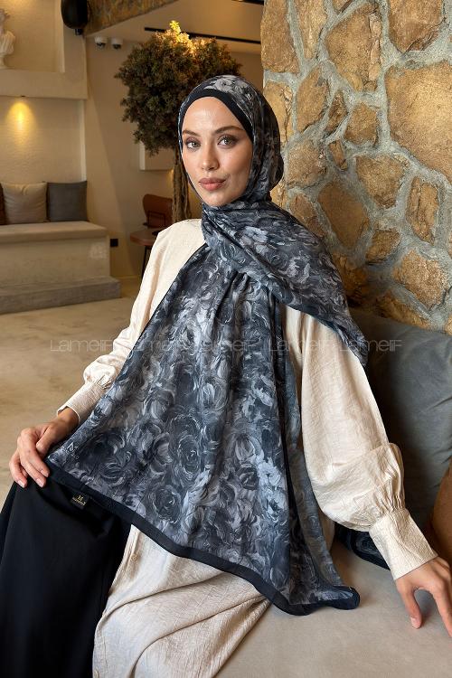 Lamelif Rose Garden Desen Bambu Şal Siyah