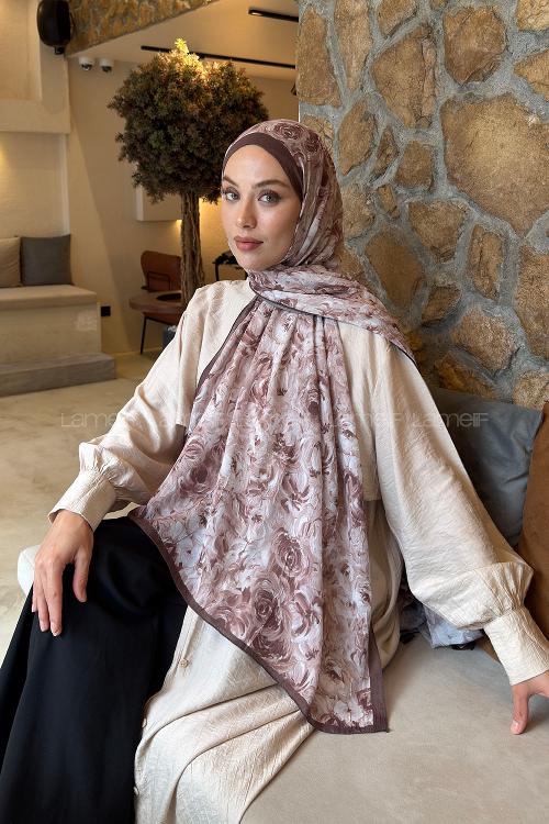 Lamelif Rose Garden Desen Bambu Şal Sütlü Kahve