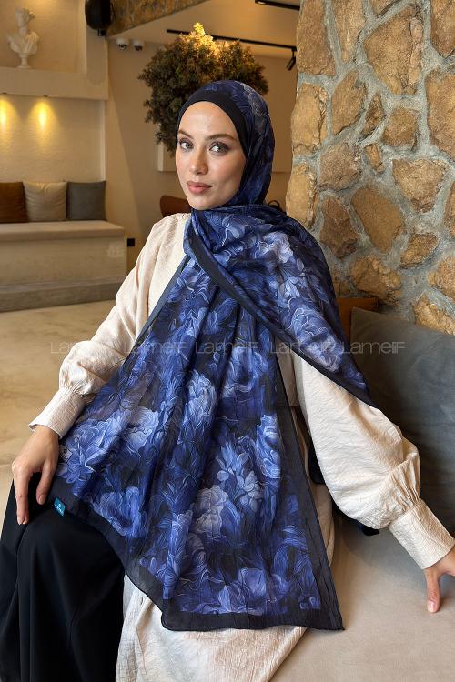Lamelif Vintage Flower Desen Bambu Şal Lacivert