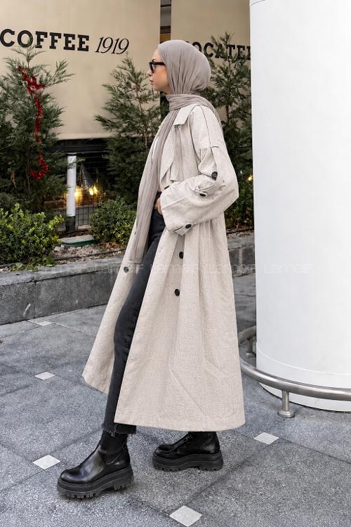 Lamelif Kruvaze Apoletli Oversize Trenç Taş Rengi
