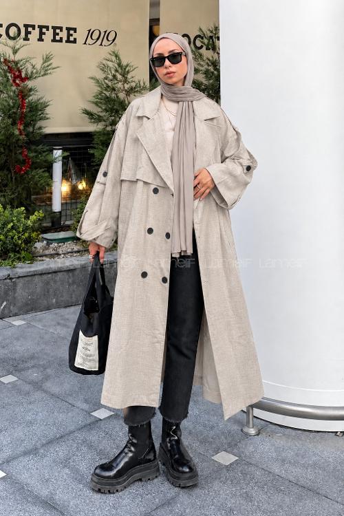 Lamelif Kruvaze Apoletli Oversize Trenç Taş Rengi