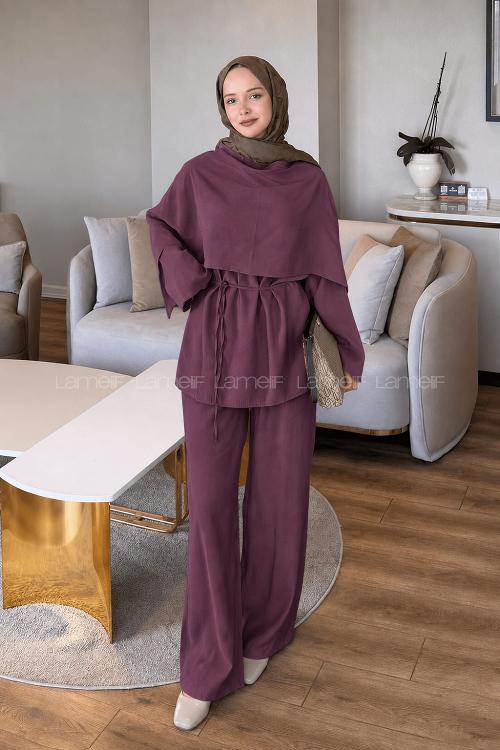 Lamelif Şallı Pantolon Takım Mürdüm