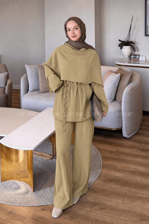 Lamelif Şallı Pantolon Takım Yağ Yeşili