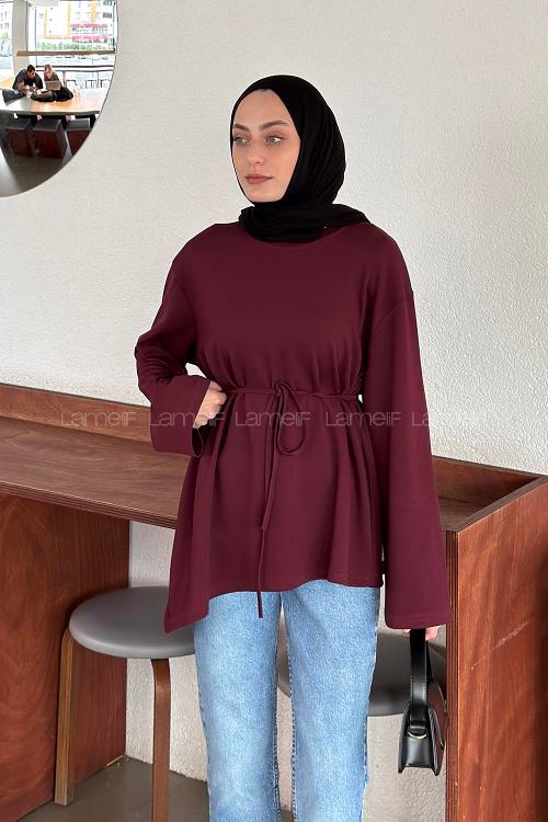 Lamelif Asimetrik Kesim Belden Bağlamalı Tunik Bordo