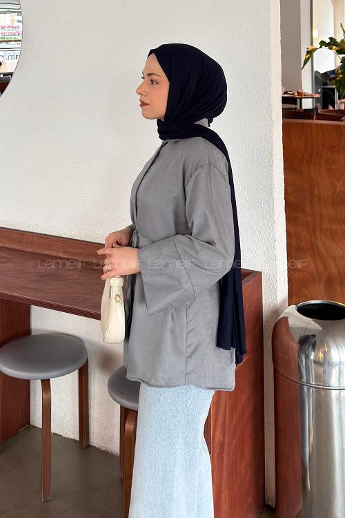 Lamelif Bağlama Detaylı Süet Gömlek Gri