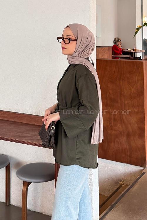 Lamelif Bağlama Detaylı Süet Gömlek Koyu Yeşil