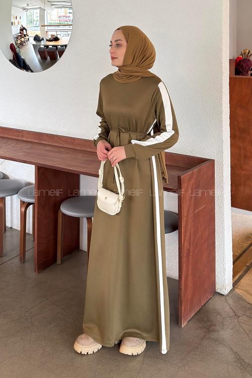 Lamelif Bağlamalı Modal Kumaş Elbise Haki