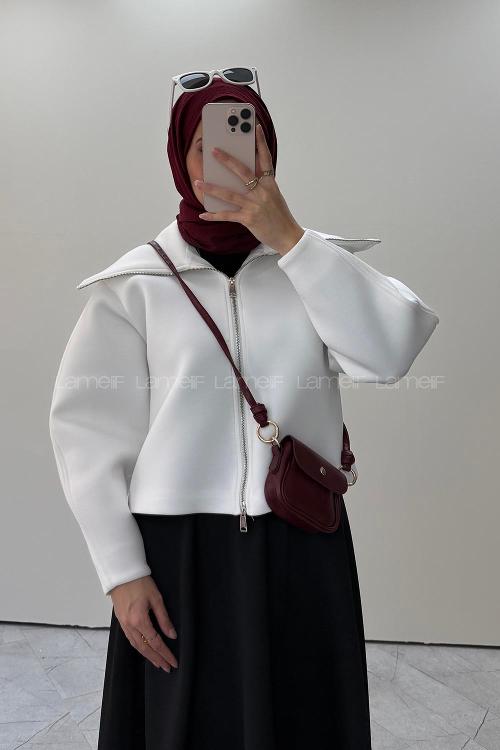 Lamelif Fermuarlı Scuba Ceket Beyaz