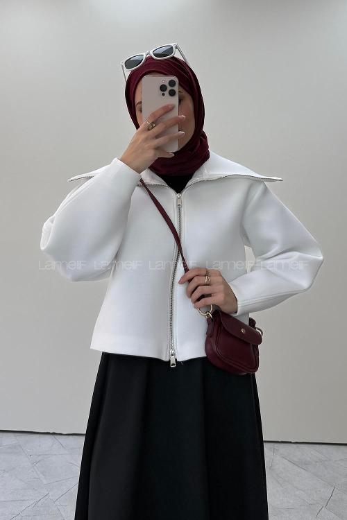 Lamelif Fermuarlı Scuba Ceket Beyaz
