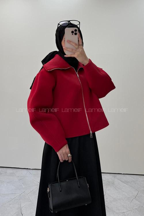 Lamelif Fermuarlı Scuba Ceket Kırmızı