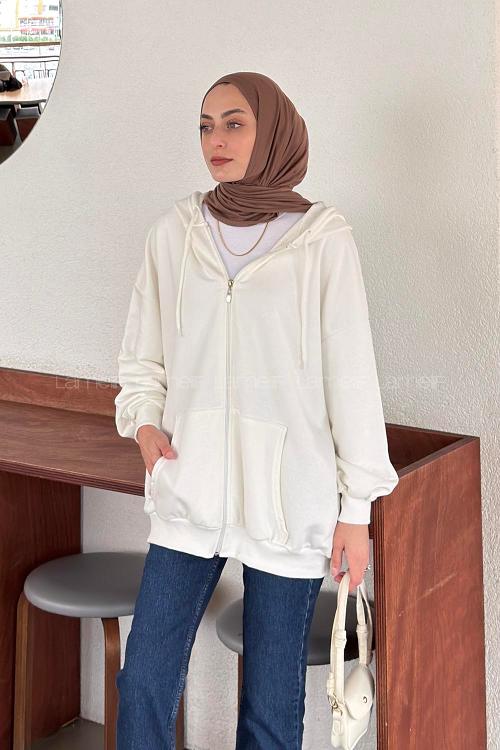 Lamelif Kapüşonlu Fermuarlı Sweatshirt Hırka Beyaz