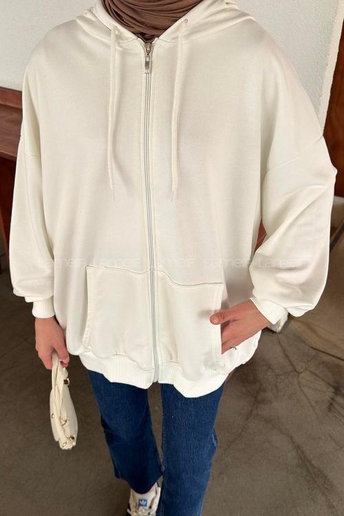 Lamelif Kapüşonlu Fermuarlı Sweatshirt Hırka Beyaz