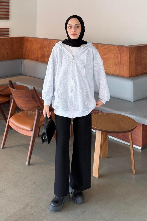 Lamelif Kapüşonlu Fermuarlı Sweatshirt Hırka Gri