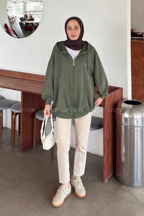 Lamelif Kapüşonlu Fermuarlı Sweatshirt Hırka Yeşil