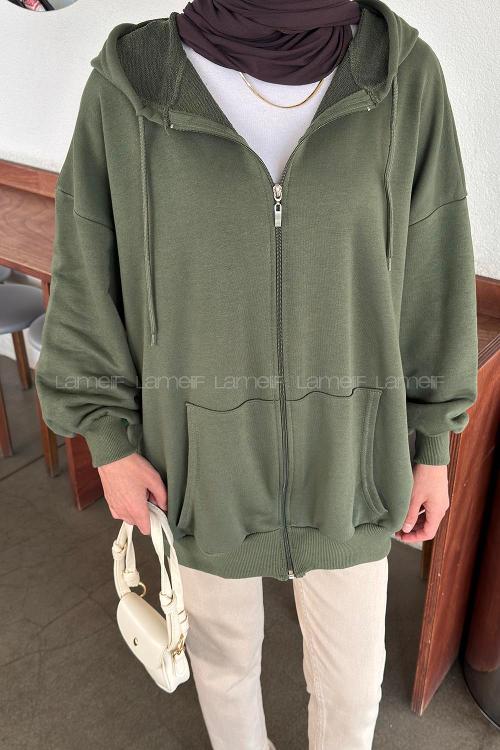 Lamelif Kapüşonlu Fermuarlı Sweatshirt Hırka Yeşil