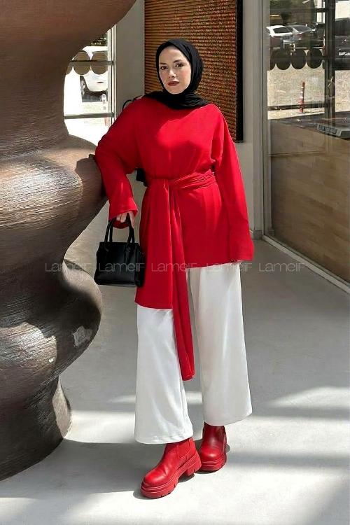 Lamelif Kemer Bağlamalı Tunik Kırmızı