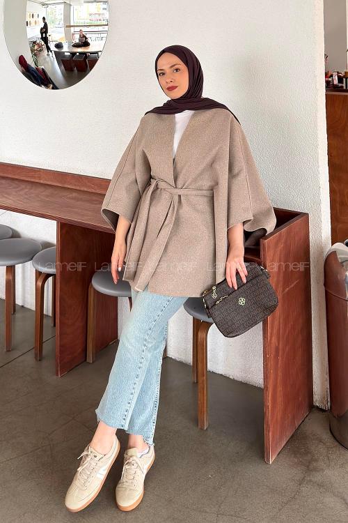 Lamelif Kemerli Kaşe Panço Vizonrengi
