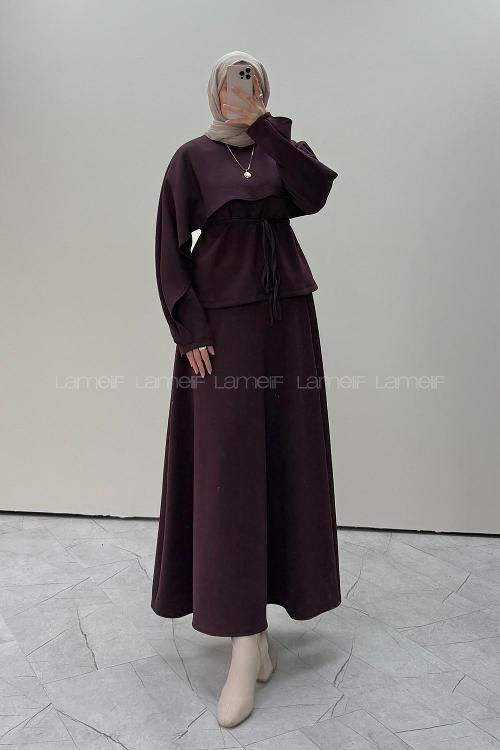 Lamelif Şal Detaylı Etekli Örme Takım Mürdüm