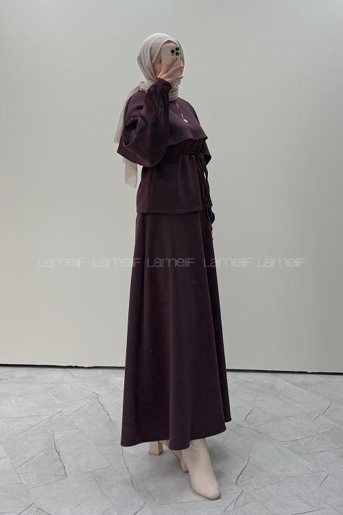 Lamelif Şal Detaylı Etekli Örme Takım Mürdüm