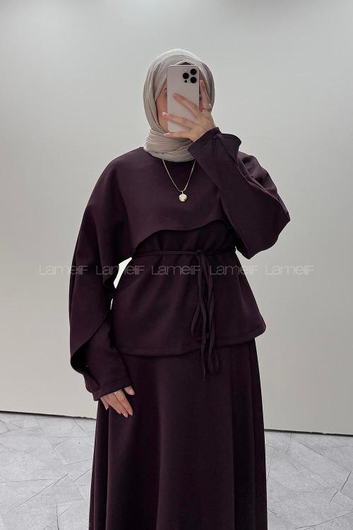 Lamelif Şal Detaylı Etekli Örme Takım Mürdüm