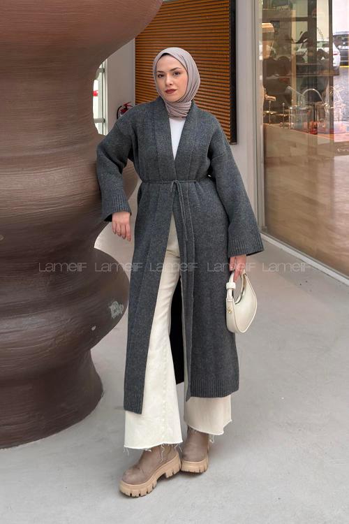 Lamelif Yumoş Uzun Triko Hırka Gri