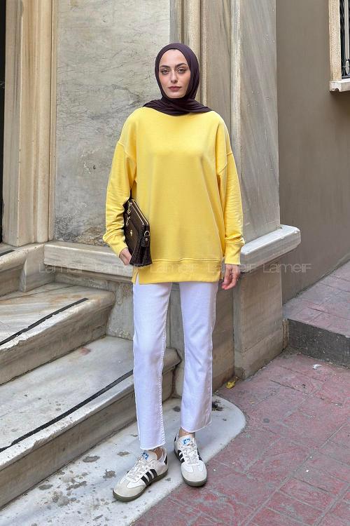 Lamelif Bisiklet Yaka Sweatshırt Sarı