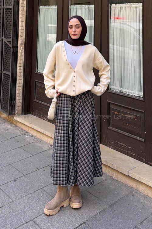 Lamelif Düğme Detaylı Triko Hırka Ekru